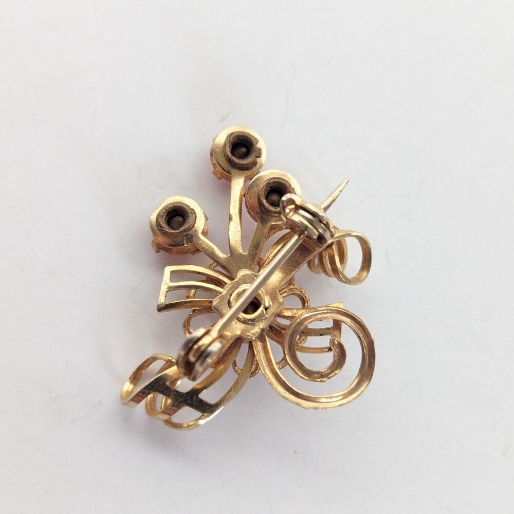 Vintage Estate Gold Tone Prong Set Pink Rhinestone Floral Bow Burst Brooch - Picture 3 of 3